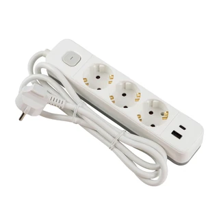 BERGER 3 aljzatos hosszabbító-elosztó kapcsolóval 1,5m 3x1,5 +USB-A +USB-C IP20