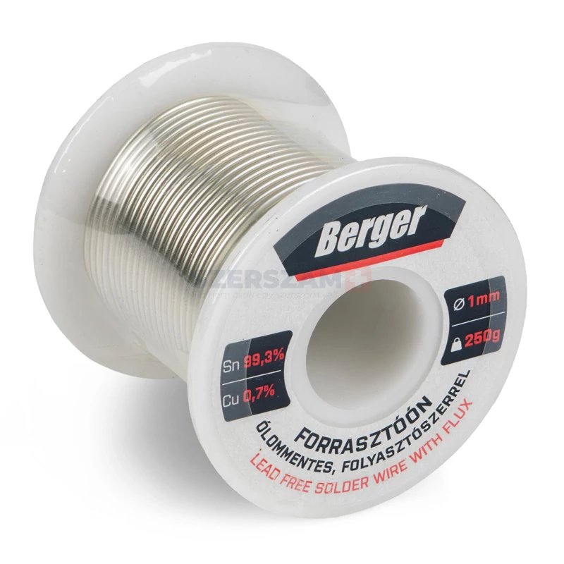 BERGER forrasztóón ólommentes, folyasztószerrel Sn99.3Cu0.7 1mm/250g dobon