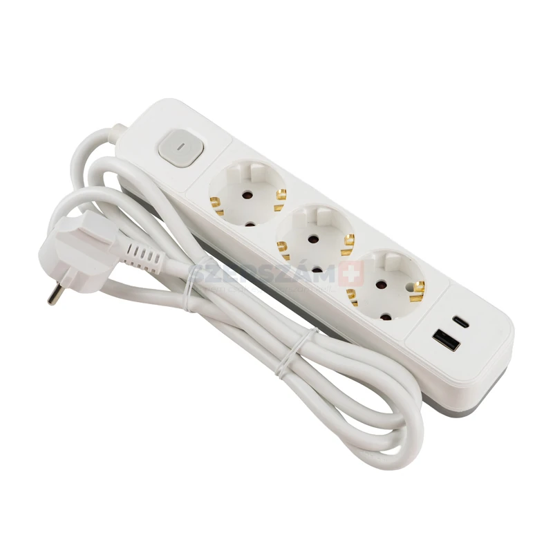 BERGER 3 aljzatos hosszabbító-elosztó kapcsolóval 1,5m 3x1,5 +USB-A +USB-C IP20