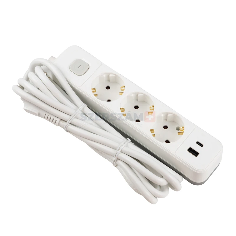 BERGER 3 aljzatos hosszabbító-elosztó kapcsolóval 3,0m 3x1,5 +USB-A +USB-C IP20